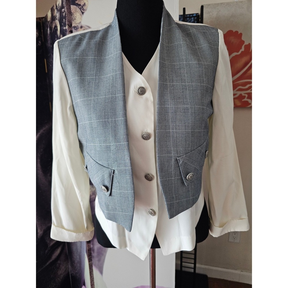 Maren Vintage White Blouse Grey Glen Plaid Layered Vest Button Front Top‎ Womens